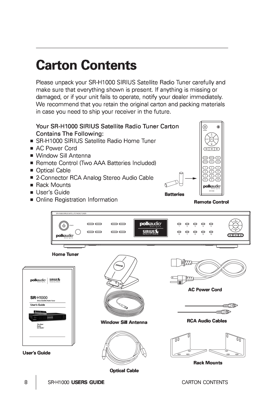Sirius Satellite Radio SRH1000 manual Carton Contents 