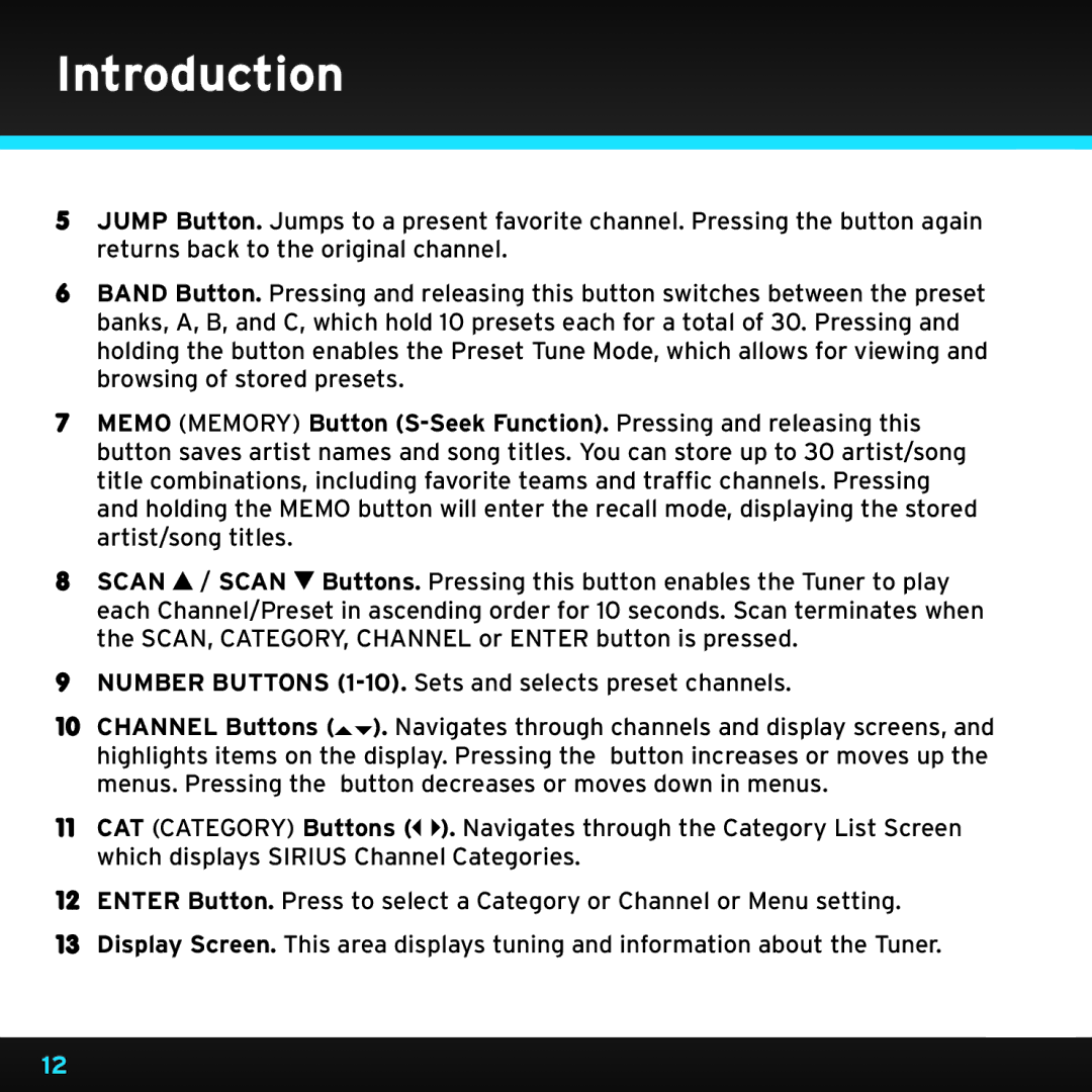 Sirius Satellite Radio SRH2000 manual Introduction 