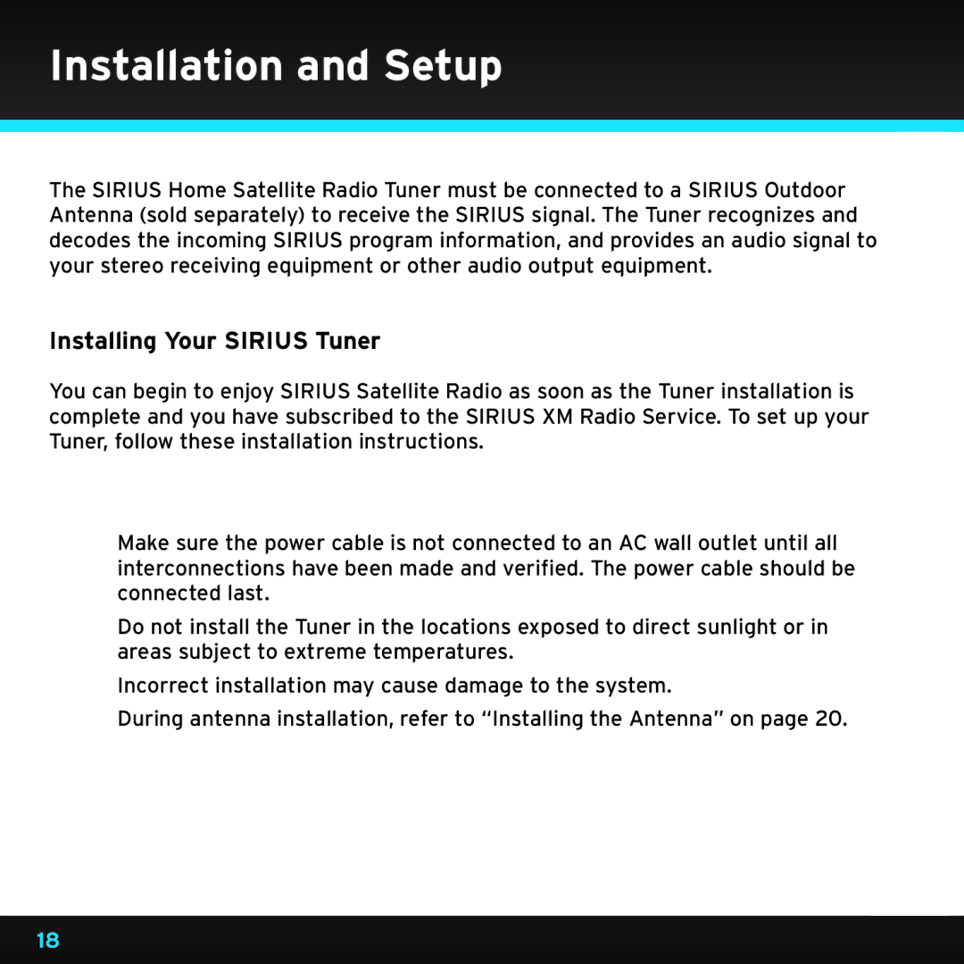 Sirius Satellite Radio SRH2000 manual Installation and Setup, Installing Your Sirius Tuner, Installation/Wiring Precautions 