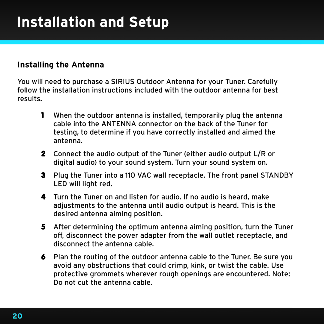 Sirius Satellite Radio SRH2000 manual Installing the Antenna 