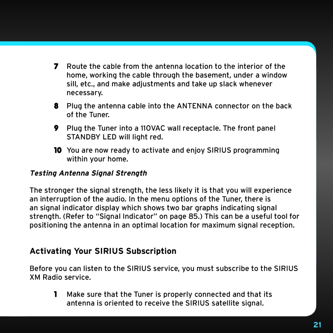 Sirius Satellite Radio SRH2000 manual Activating Your Sirius Subscription, Testing Antenna Signal Strength 