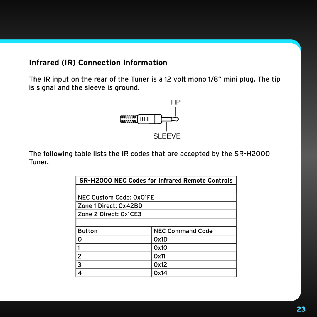 Sirius Satellite Radio SRH2000 manual Infrared IR Connection Information, TIP Sleeve 