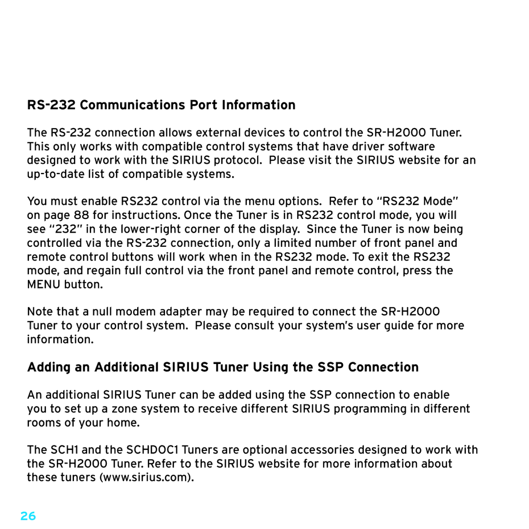 Sirius Satellite Radio SRH2000 manual RS-232 Communications Port Information 