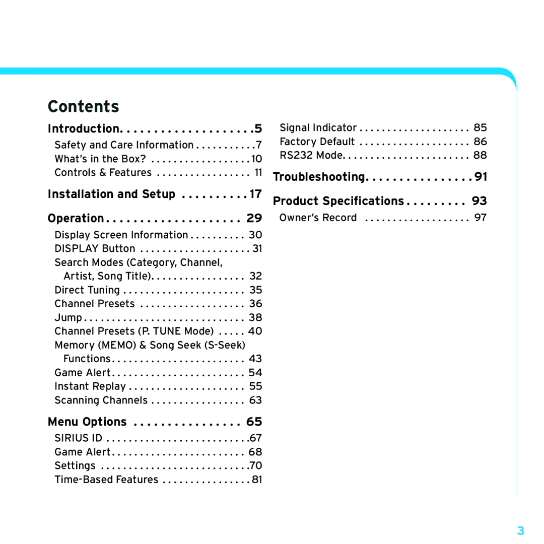 Sirius Satellite Radio SRH2000 manual Table of Contents 