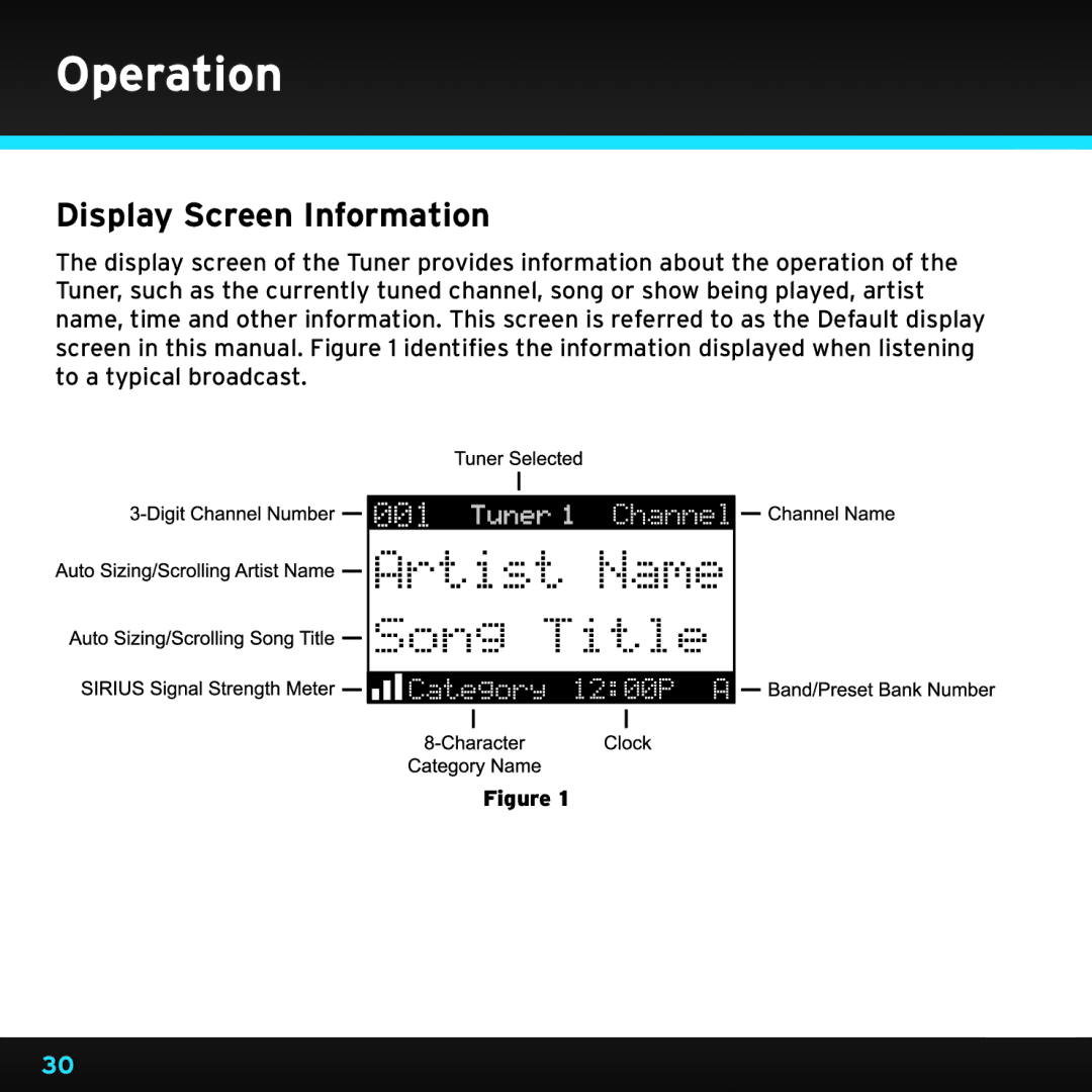 Sirius Satellite Radio SRH2000 manual Operation, Display Screen Information 