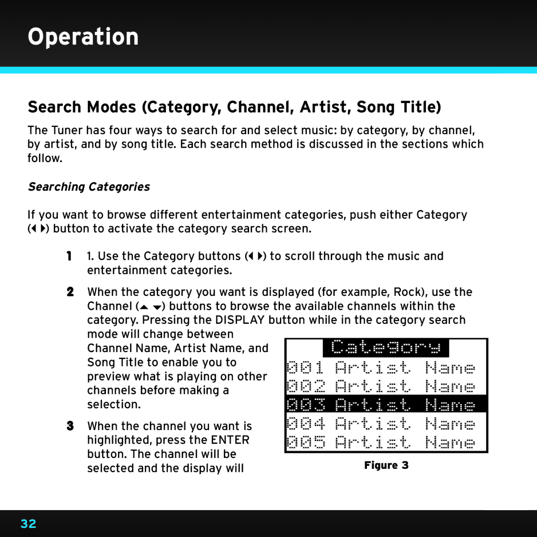 Sirius Satellite Radio SRH2000 manual Search Modes Category, Channel, Artist, Song Title, Searching Categories 