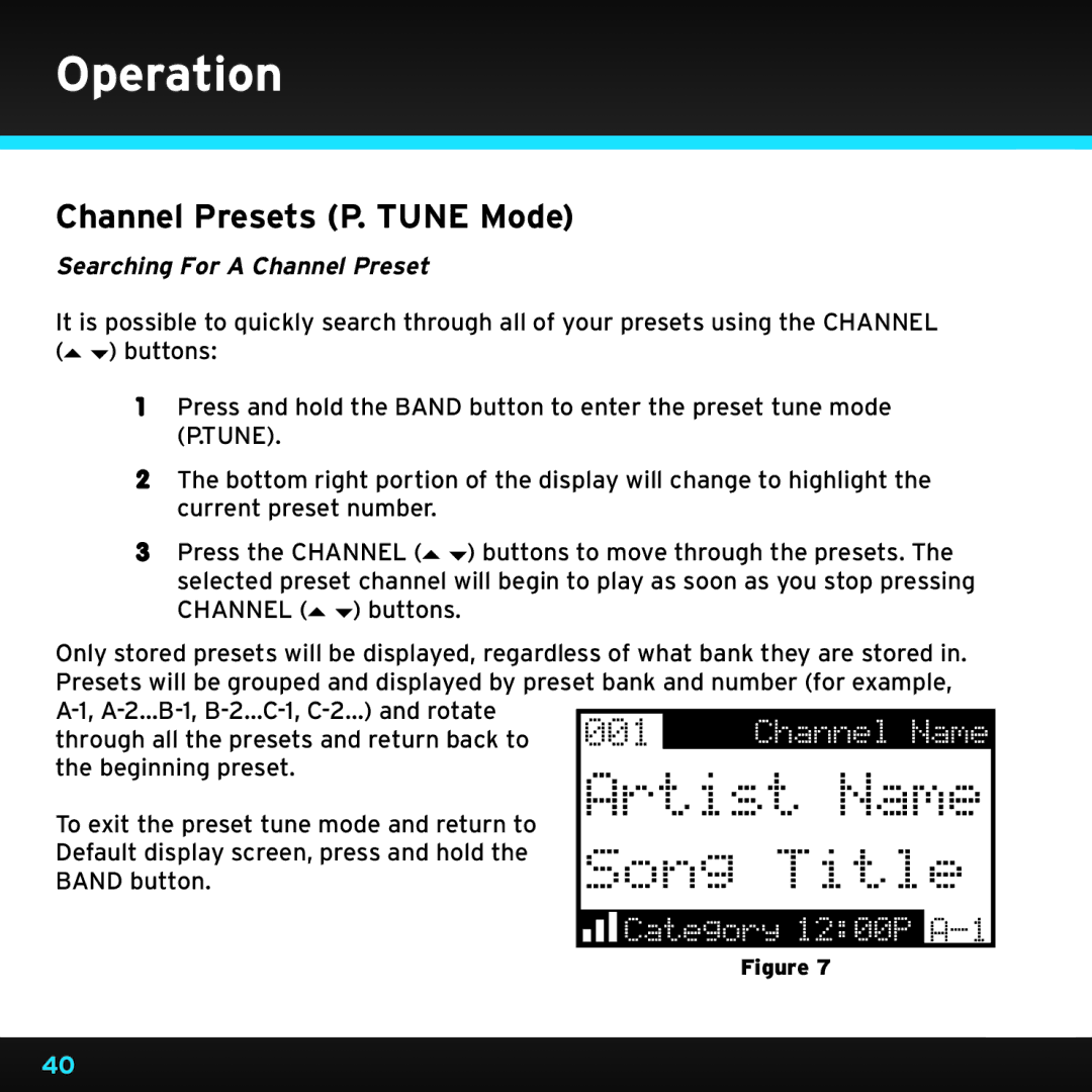 Sirius Satellite Radio SRH2000 manual Channel Presets P.. Tune Mode, Searching For a Channel Preset 