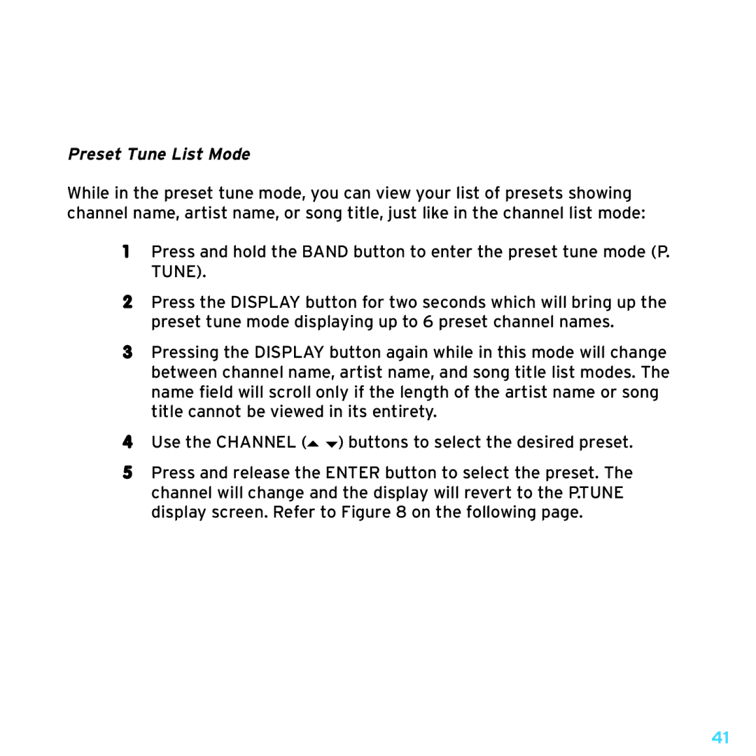 Sirius Satellite Radio SRH2000 manual Preset Tune List Mode 