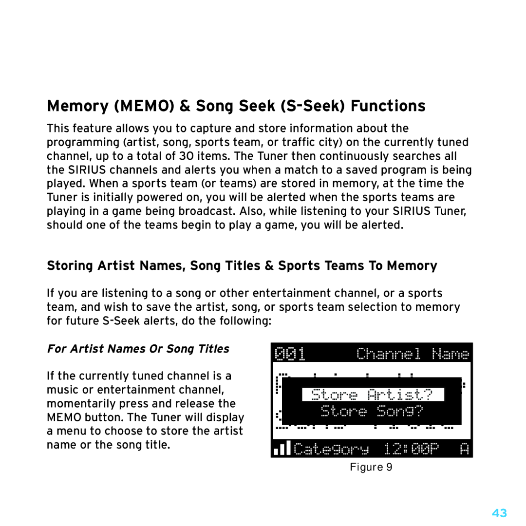 Sirius Satellite Radio SRH2000 manual Memory Memo & Song Seek S-Seek Functions, For Artist Names Or Song Titles 