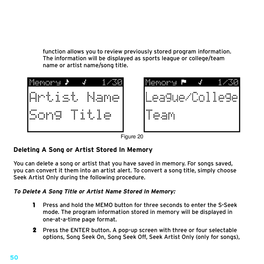 Sirius Satellite Radio SRH2000 manual Deleting a Song or Artist Stored In Memory 