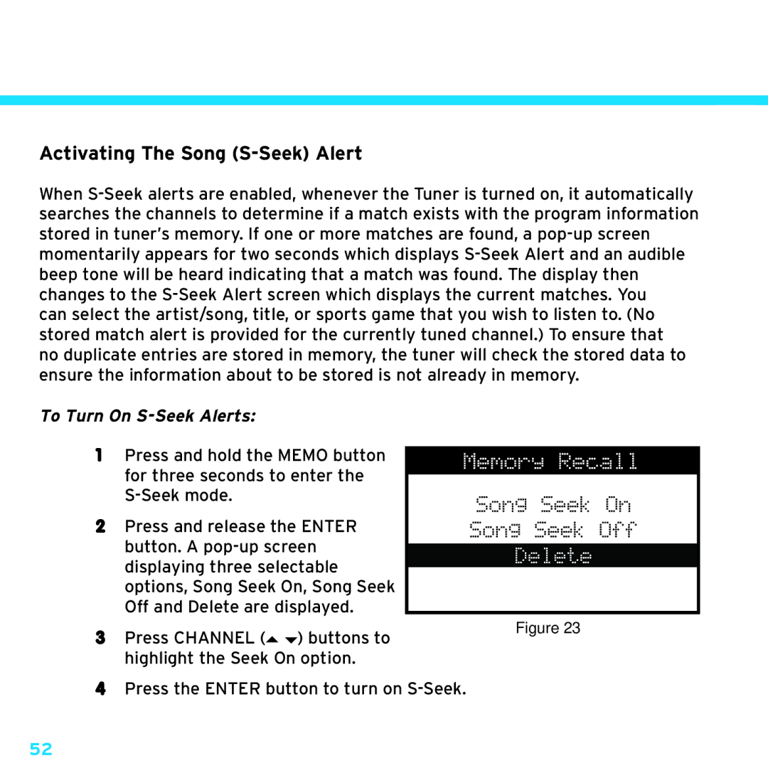 Sirius Satellite Radio SRH2000 manual Activating The Song S-Seek Alert, To Turn On S-Seek Alerts 