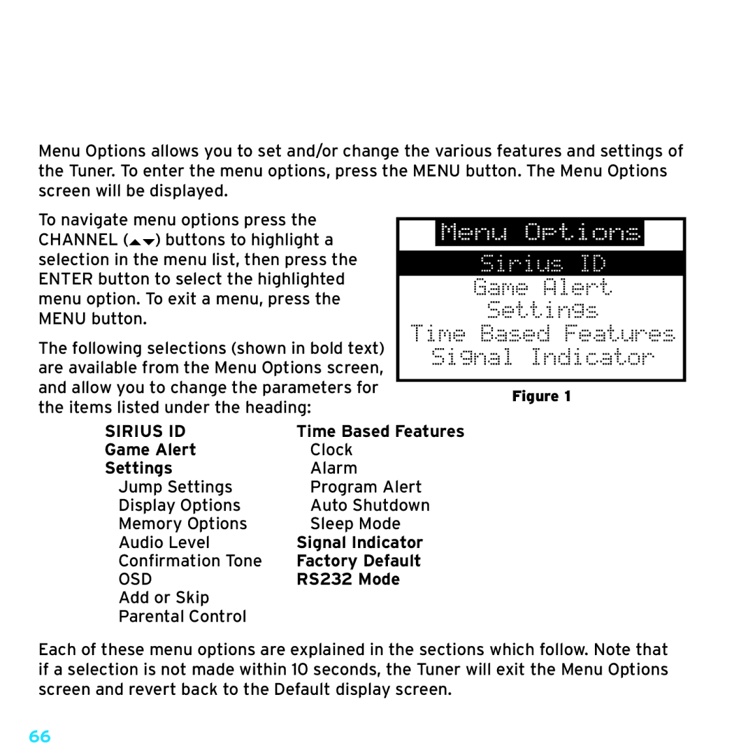 Sirius Satellite Radio SRH2000 manual Menu Options, Sirius ID 