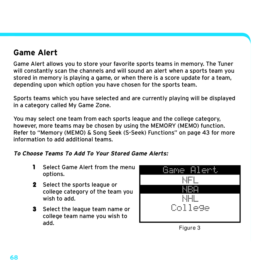 Sirius Satellite Radio SRH2000 manual To Choose Teams To Add To Your Stored Game Alerts 