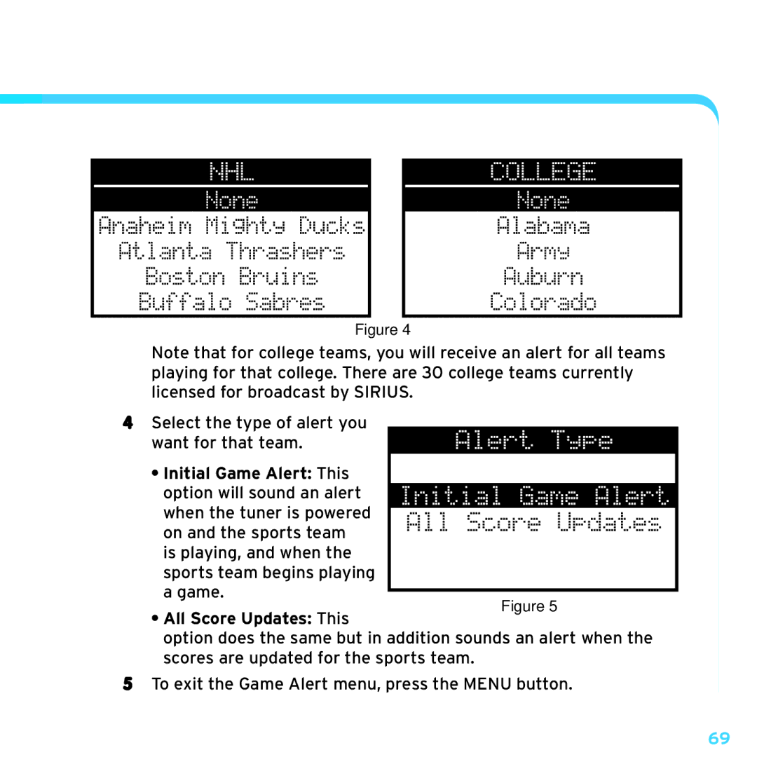 Sirius Satellite Radio SRH2000 manual Initial Game Alert This 