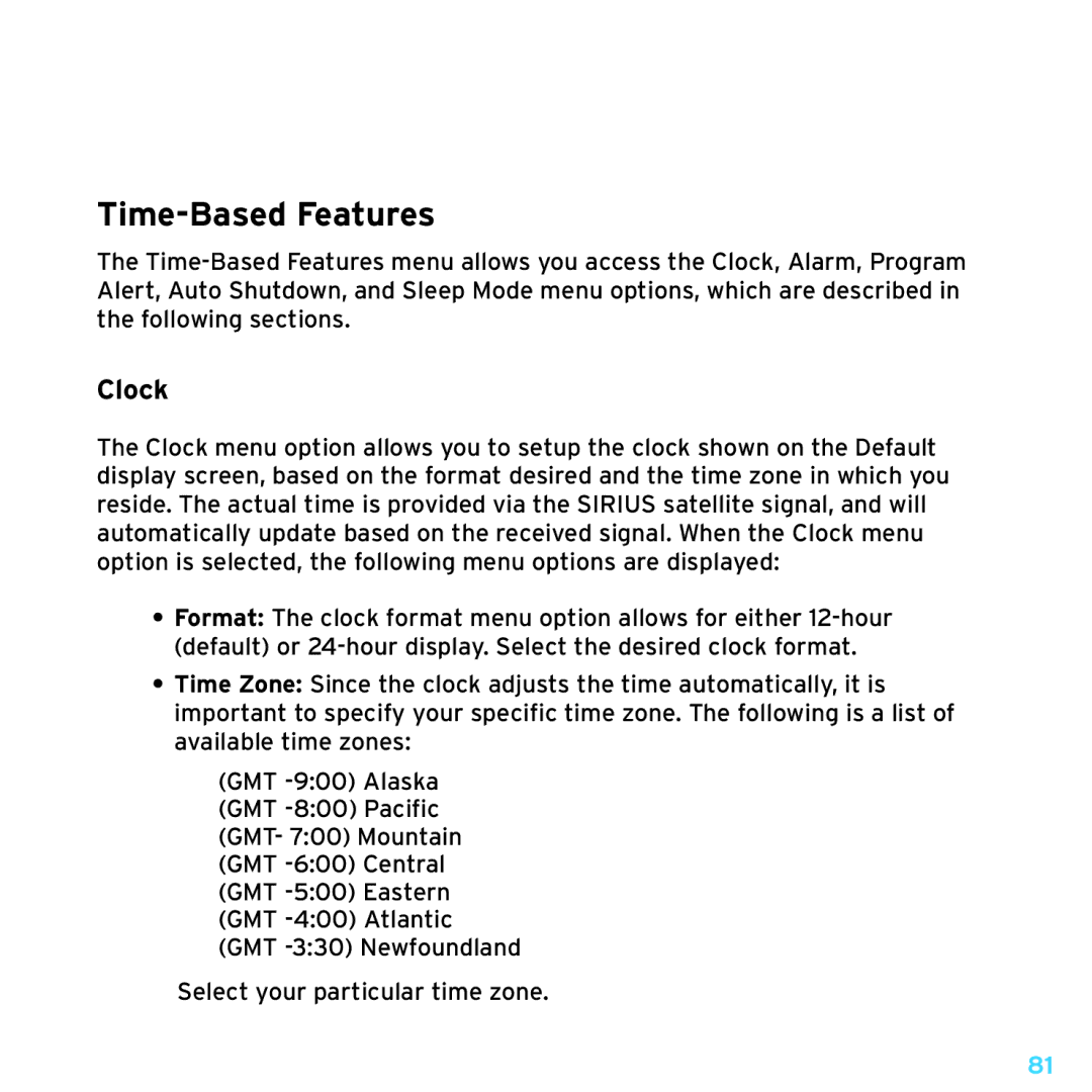 Sirius Satellite Radio SRH2000 manual Time-Based Features, Clock 