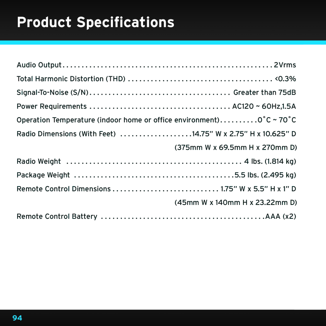 Sirius Satellite Radio SRH2000 manual Product Specifications 