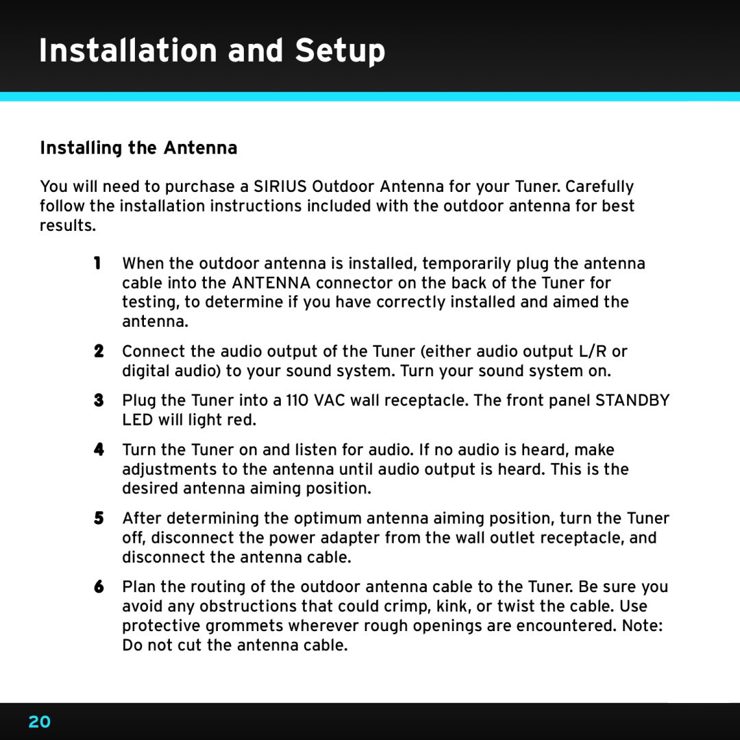 Sirius Satellite Radio SRH2000 manual Installing the Antenna, Installation and Setup 