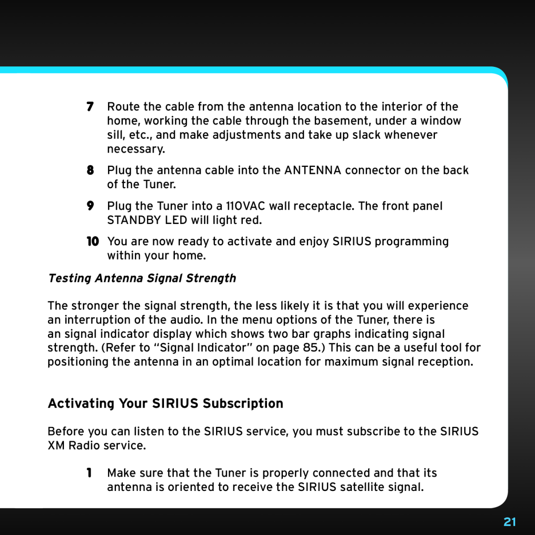 Sirius Satellite Radio SRH2000 manual Activating Your SIRIUS Subscription, Testing Antenna Signal Strength 