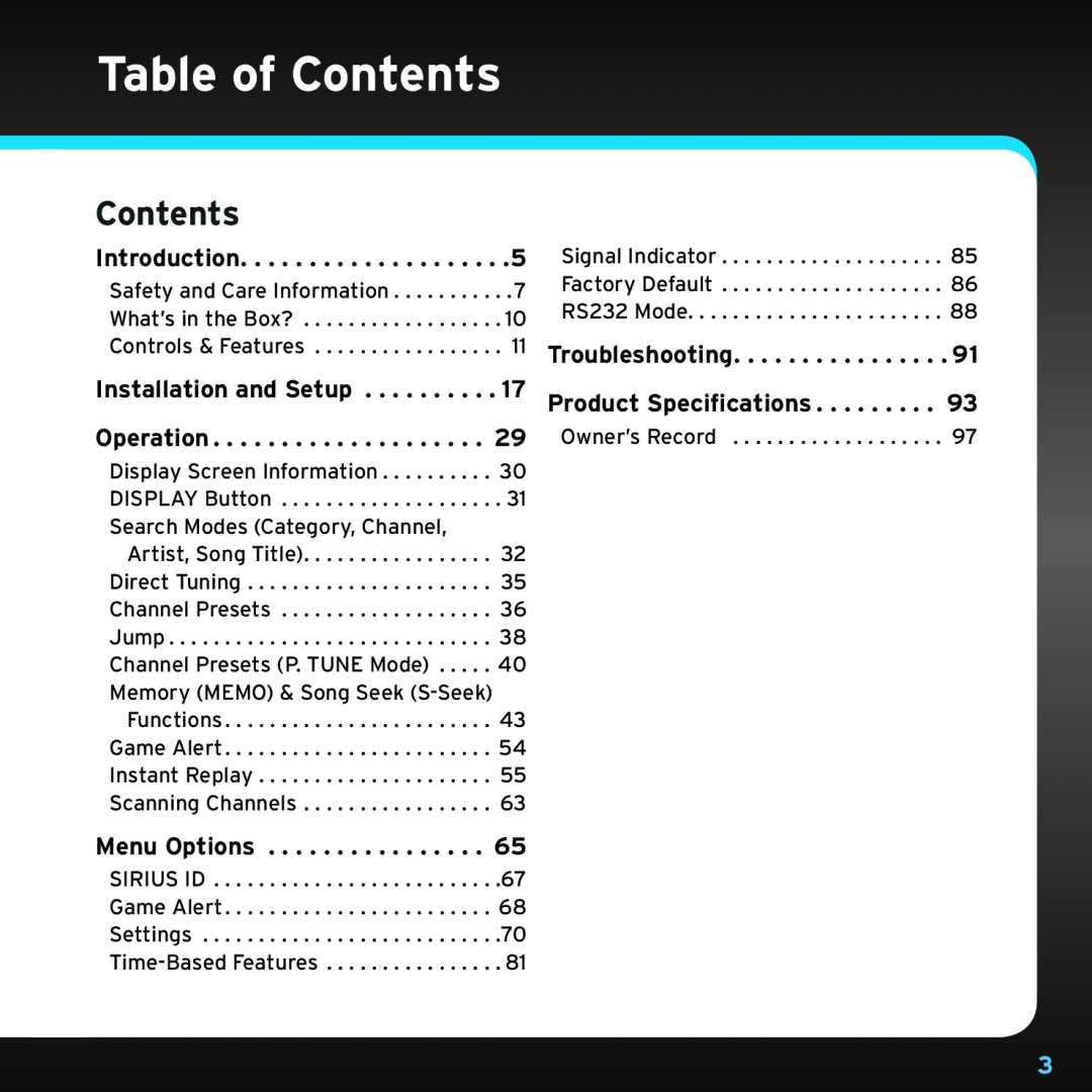 Sirius Satellite Radio SRH2000 manual Table of Contents, Menu Options 
