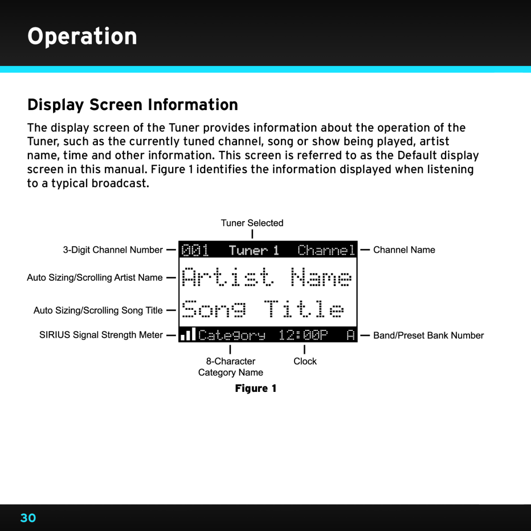 Sirius Satellite Radio SRH2000 manual Operation, Display Screen Information 