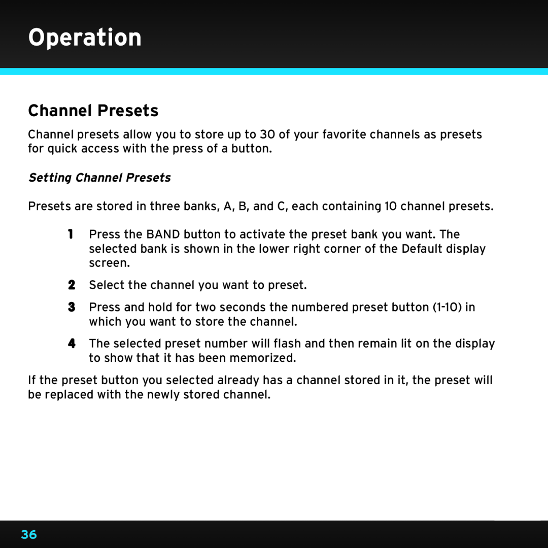 Sirius Satellite Radio SRH2000 manual Setting Channel Presets, Operation 