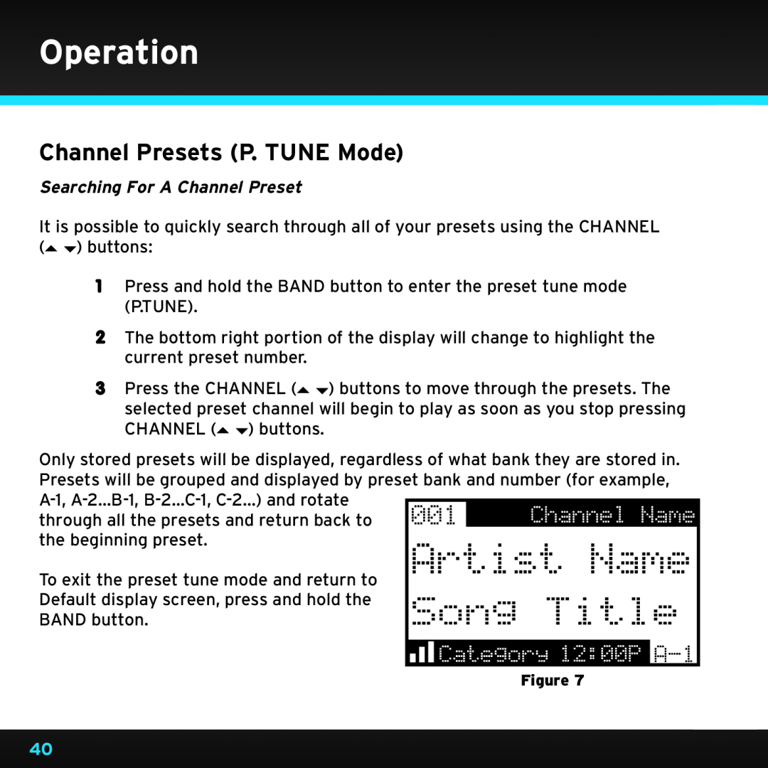 Sirius Satellite Radio SRH2000 manual Channel Presets P.. TUNE Mode, Searching For A Channel Preset, Operation 