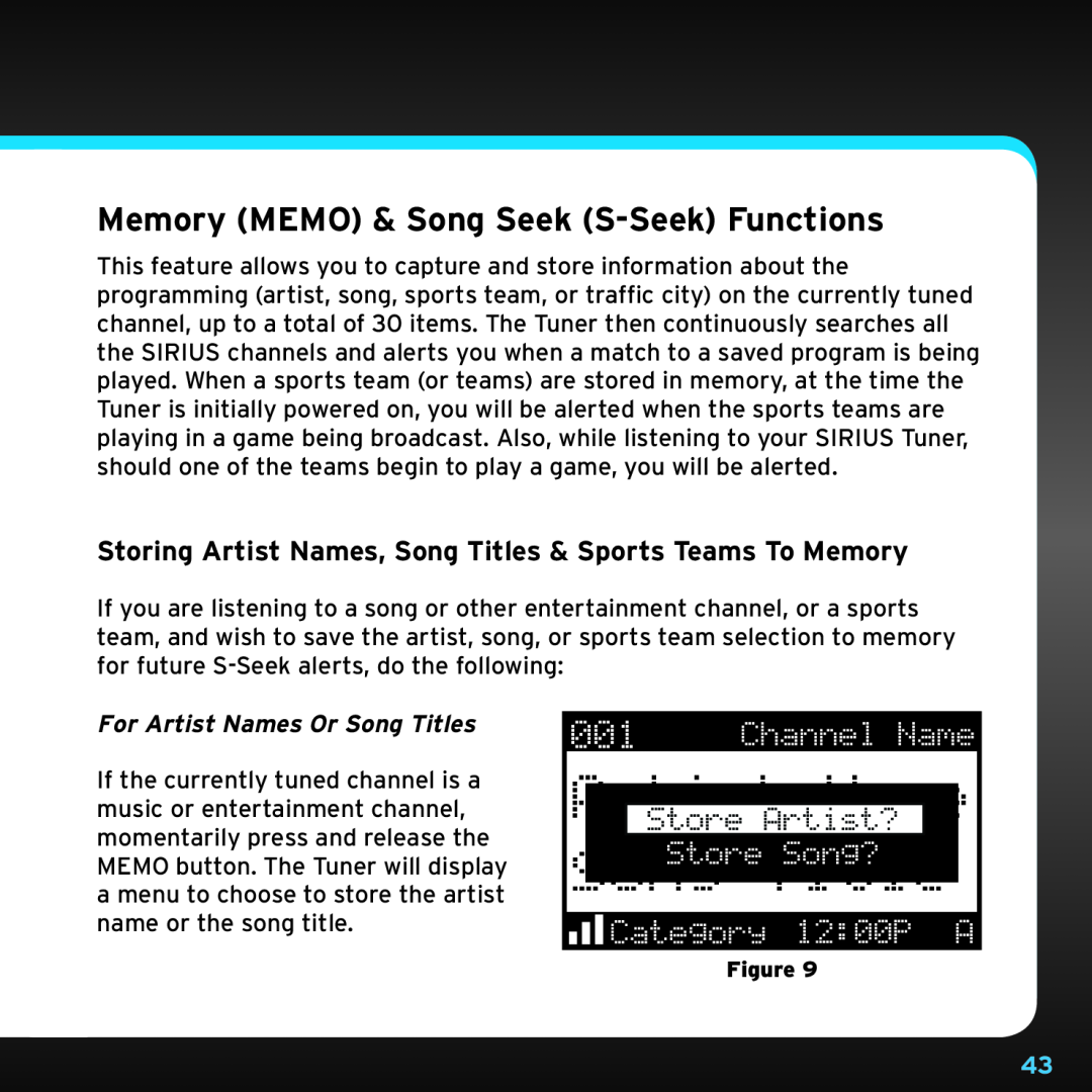 Sirius Satellite Radio SRH2000 manual Memory MEMO & Song Seek S-SeekFunctions, For Artist Names Or Song Titles 