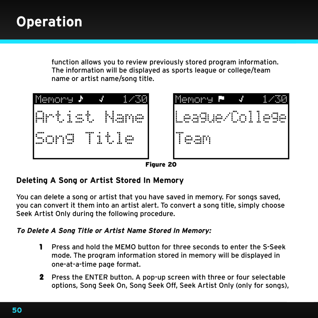 Sirius Satellite Radio SRH2000 manual Deleting A Song or Artist Stored In Memory, Operation 