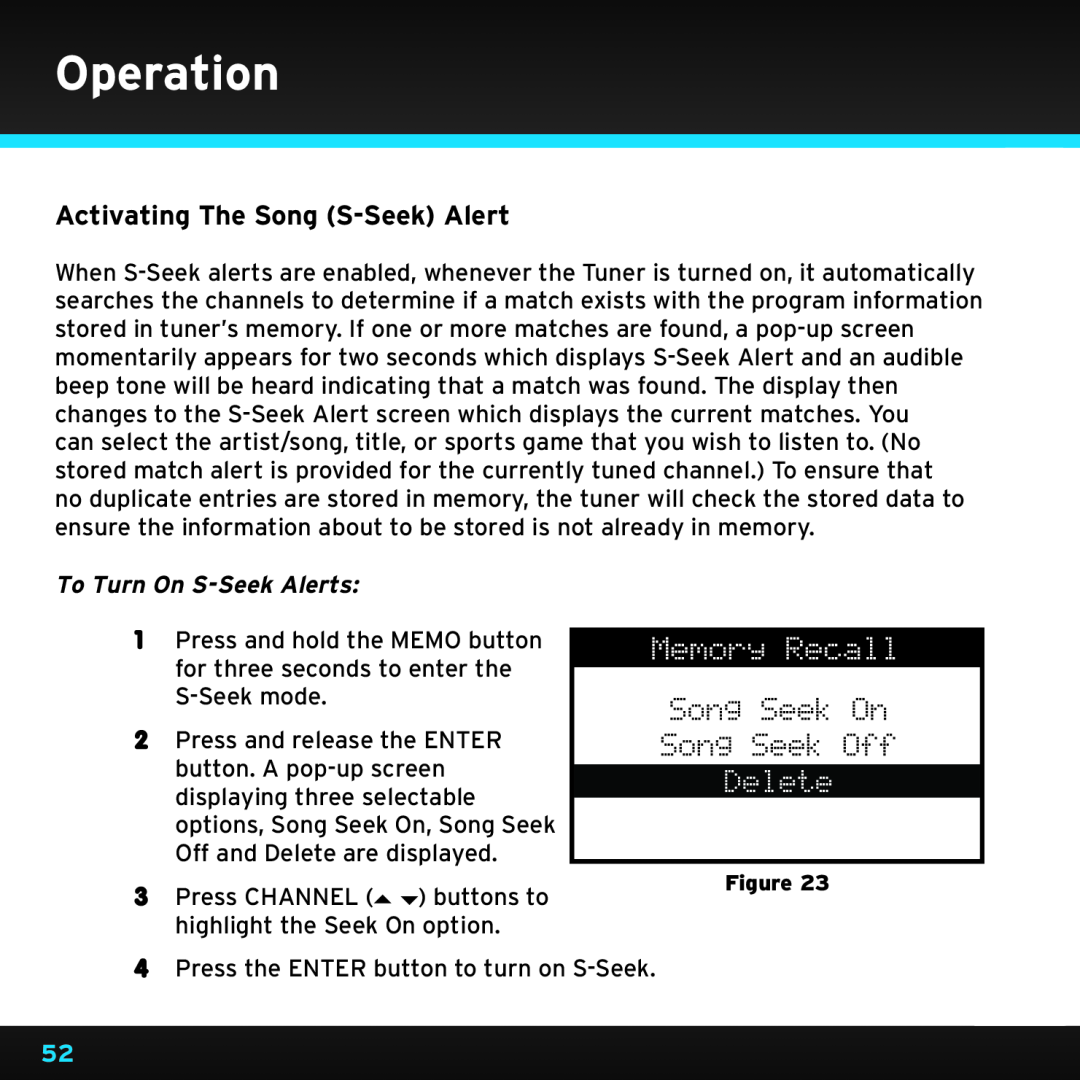 Sirius Satellite Radio SRH2000 manual Activating The Song S-SeekAlert, To Turn On S-SeekAlerts, Operation 