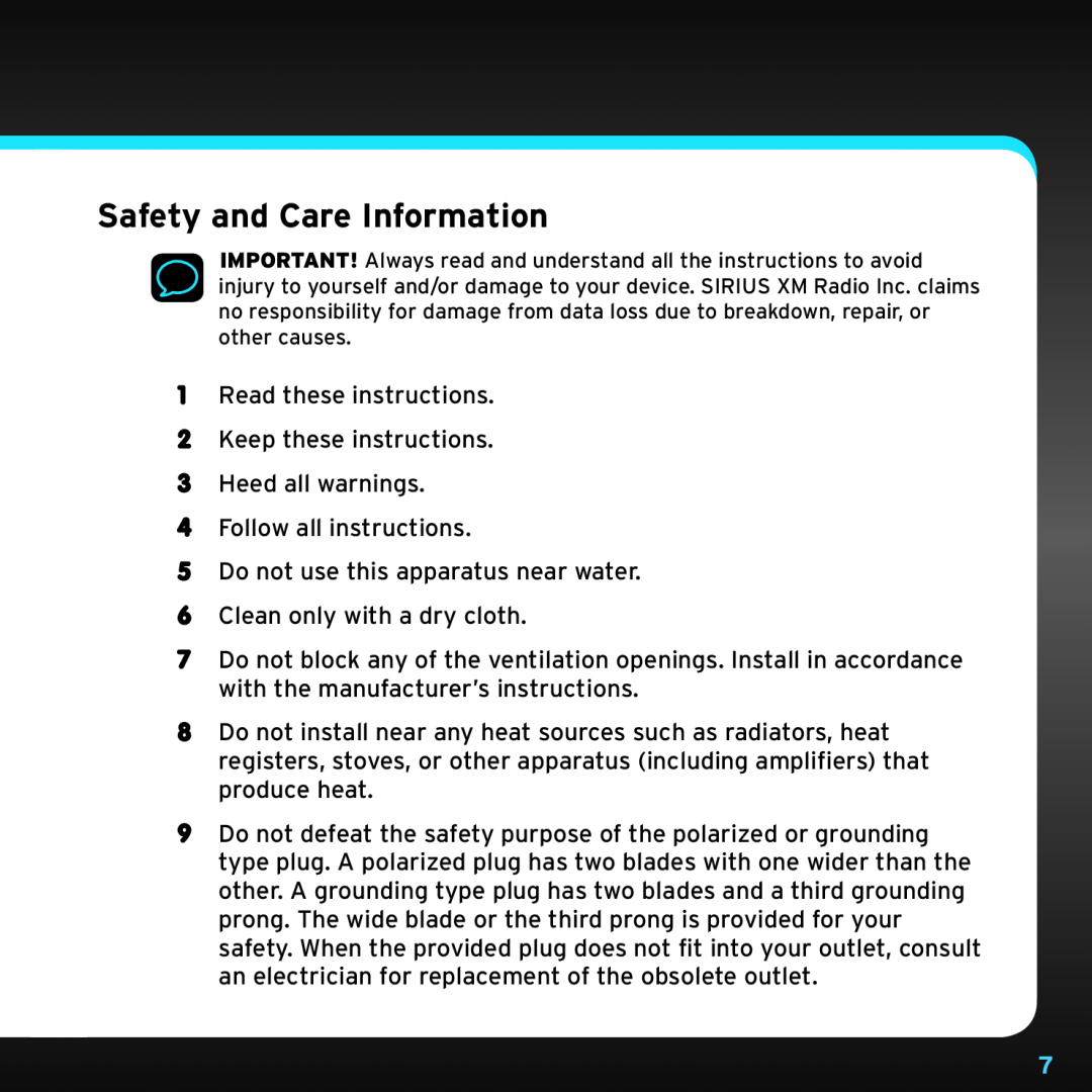 Sirius Satellite Radio SRH2000 manual Safety and Care Information 