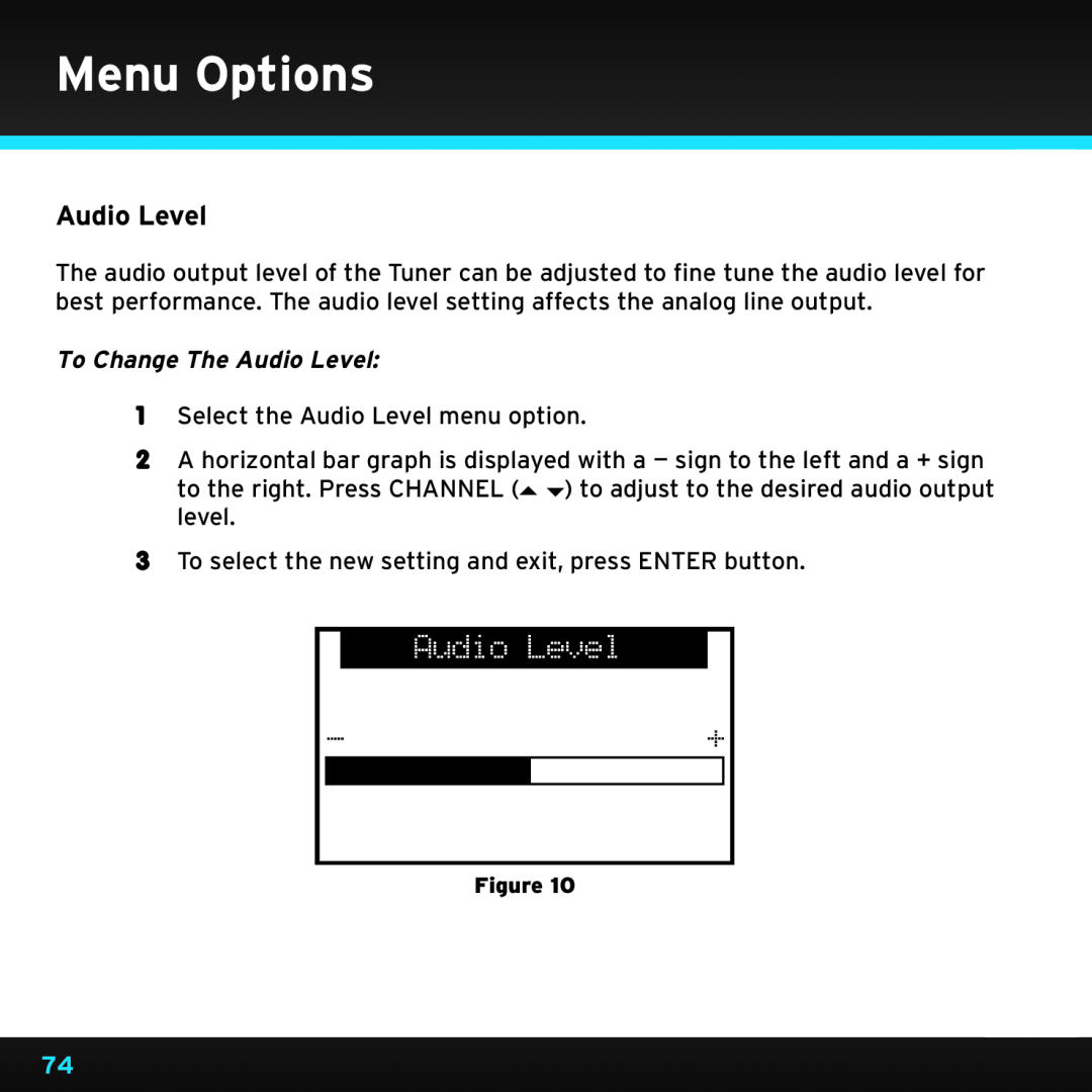 Sirius Satellite Radio SRH2000 manual To Change The Audio Level, Menu Options 