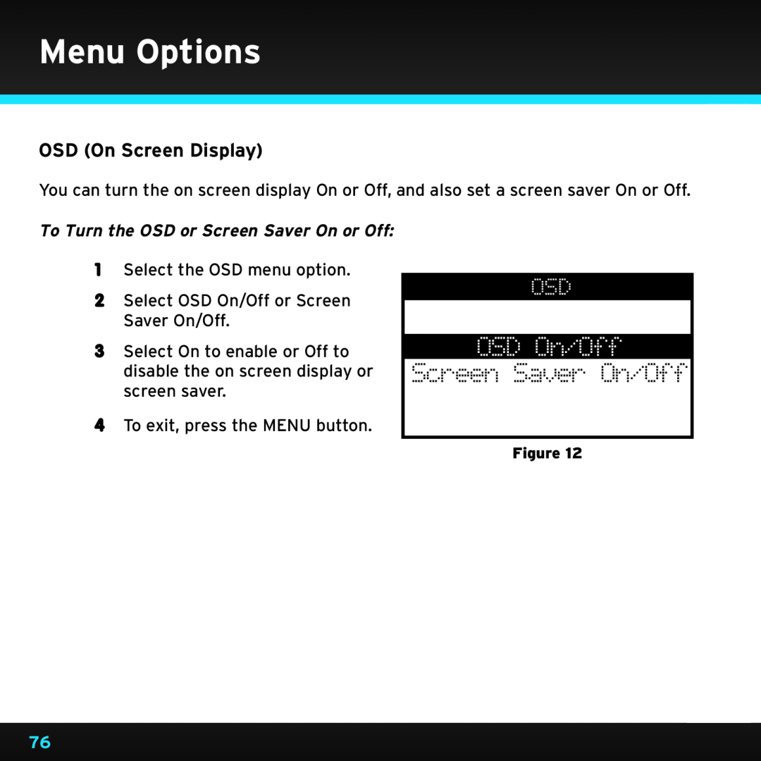 Sirius Satellite Radio SRH2000 manual OSD On/Off, Screen Saver On/Off, OSD On Screen Display, Menu Options 