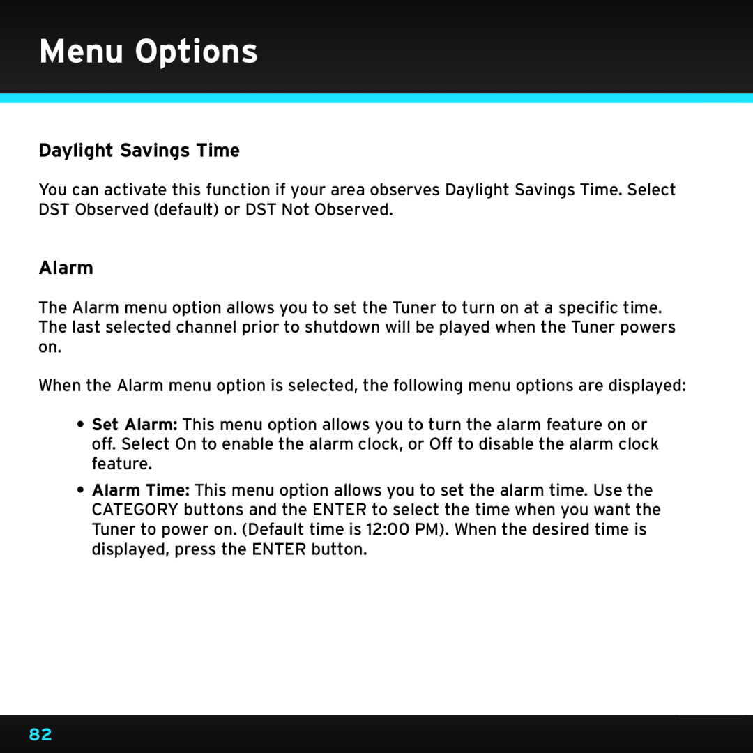 Sirius Satellite Radio SRH2000 manual Daylight Savings Time, Alarm, Menu Options 