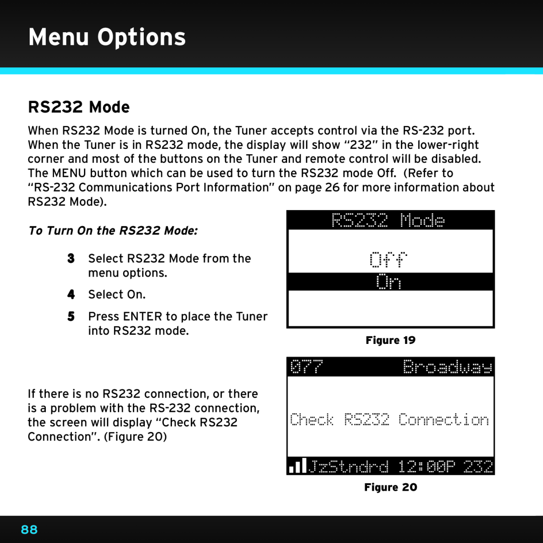 Sirius Satellite Radio SRH2000 Broadway, Check RS232 Connection, JzStndrd, To Turn On the RS232 Mode, Menu Options 