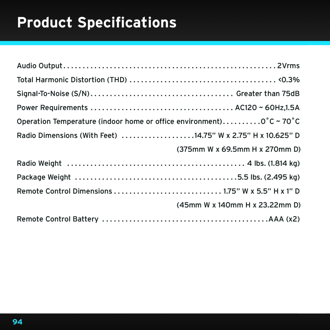 Sirius Satellite Radio SRH2000 manual Product Specifications 