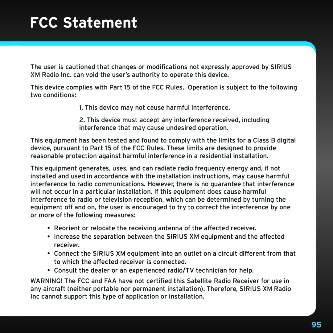 Sirius Satellite Radio SRH2000 manual FCC Statement 
