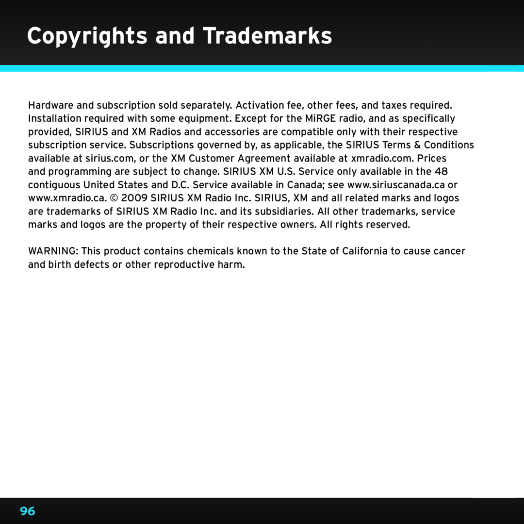 Sirius Satellite Radio SRH2000 manual Copyrights and Trademarks 