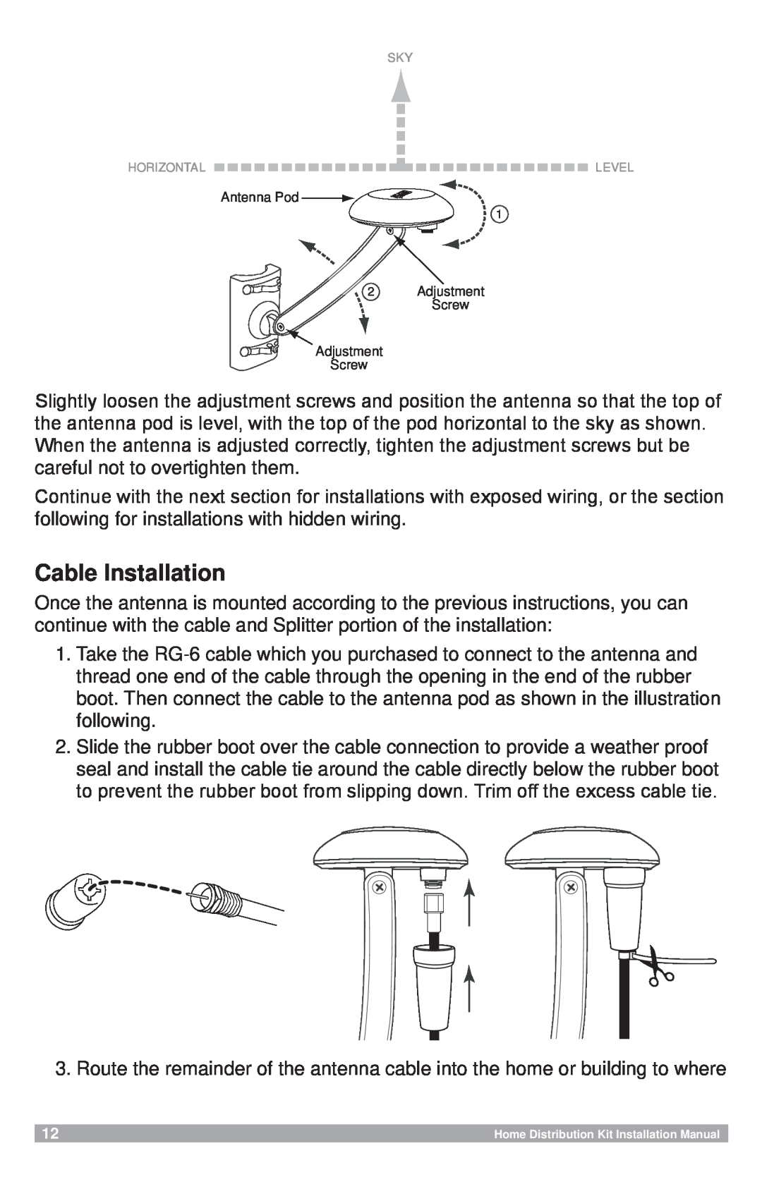 Sirius Satellite Radio SRS-2VB installation manual Cable Installation, Antenna Pod, Adjustment Screw 