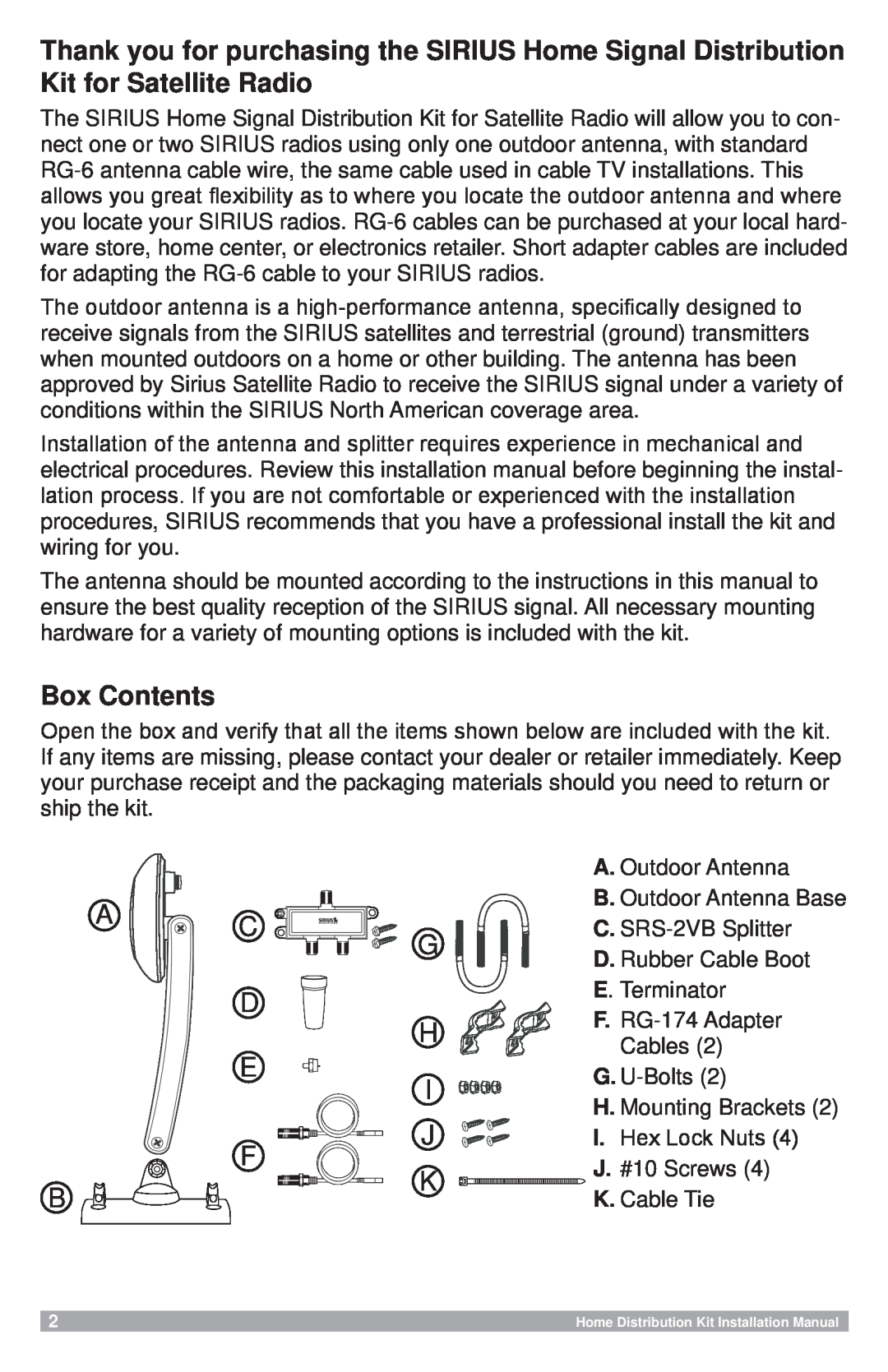 Sirius Satellite Radio SRS-2VB installation manual Box Contents 