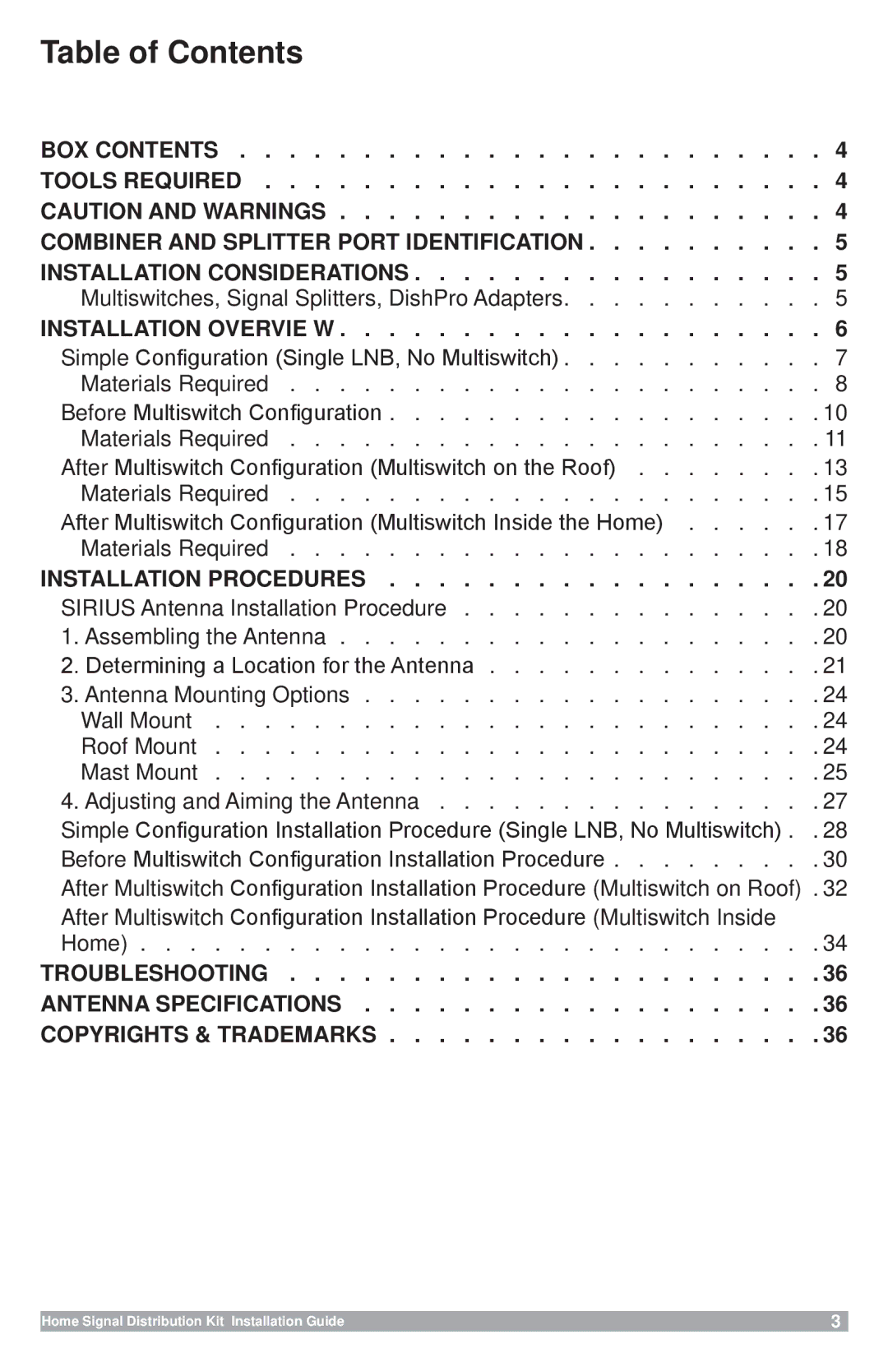 Sirius Satellite Radio SR-2251, SSDK1, 128-8665, SR-101C manual Table of Contents 