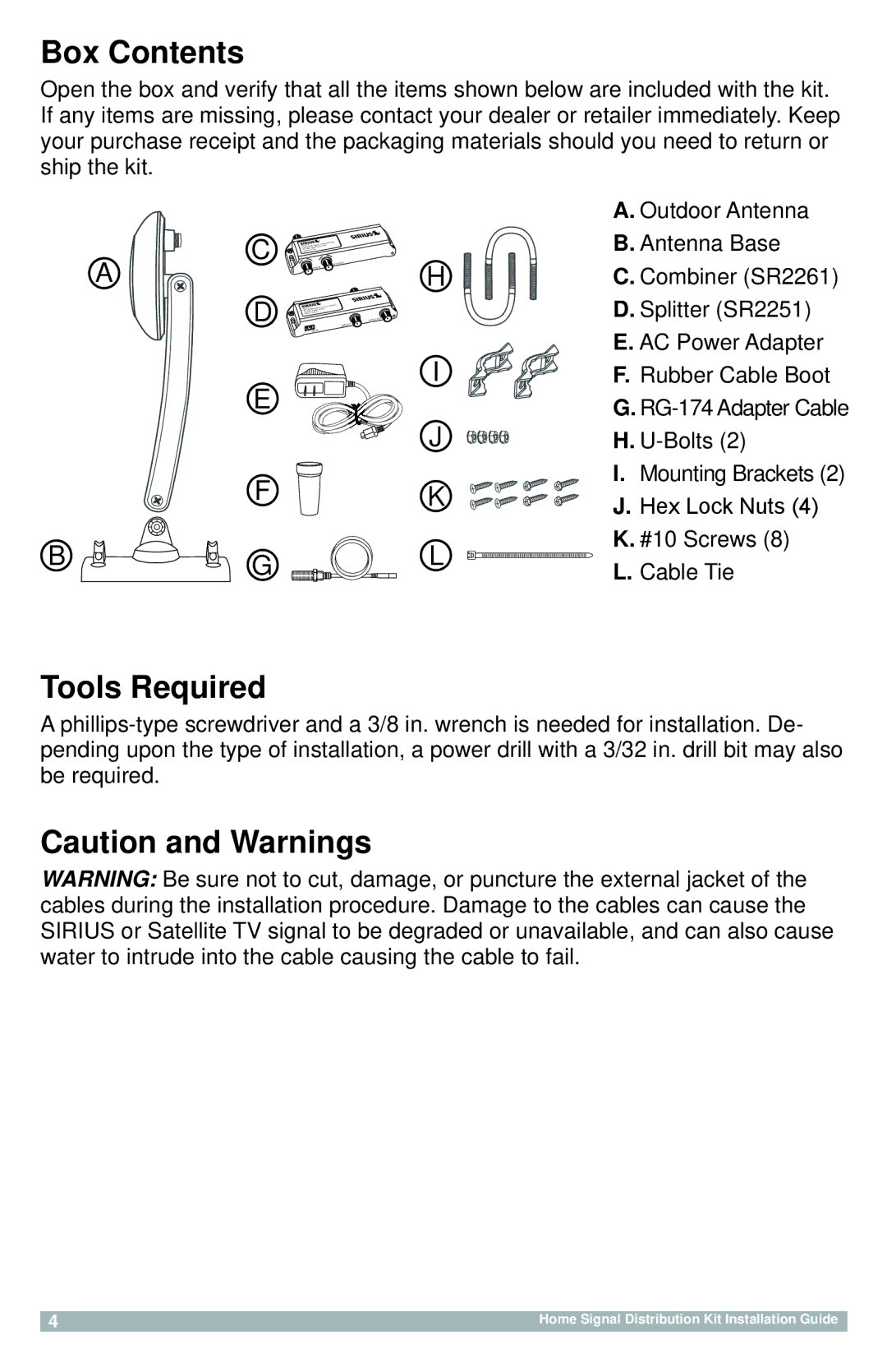 Sirius Satellite Radio SSDK1, 128-8665, SR-101C, SR-2251 manual Box Contents, Tools Required 