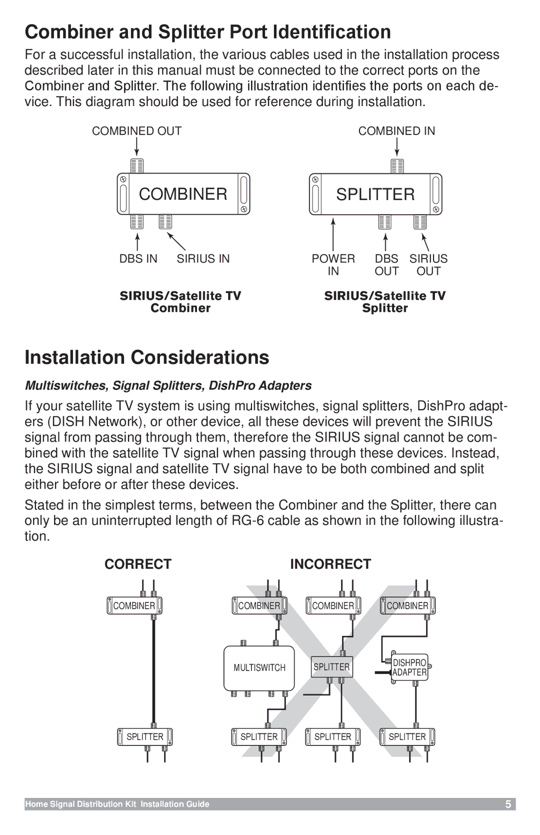 Sirius Satellite Radio 128-8665, SSDK1, SR-101C manual Combiner and Splitter Port Identification, Installation Considerations 