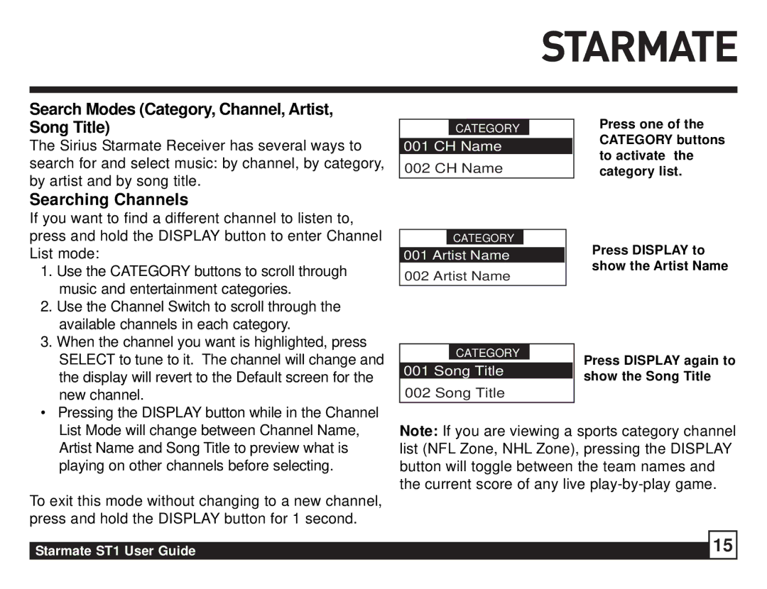 Sirius Satellite Radio ST1 manual Search Modes Category, Channel, Artist, Song Title, Searching Channels 