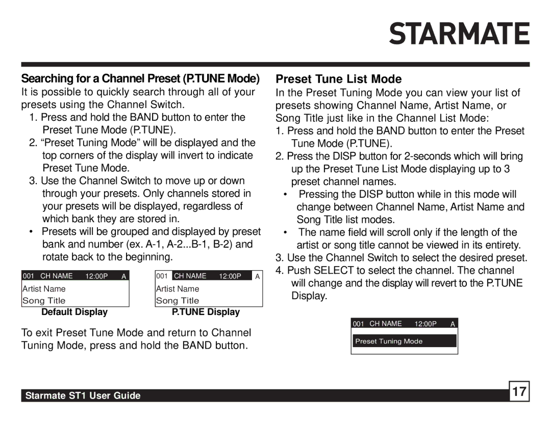 Sirius Satellite Radio ST1 manual Preset Tune List Mode, Searching for a Channel Preset P.TUNE Mode 