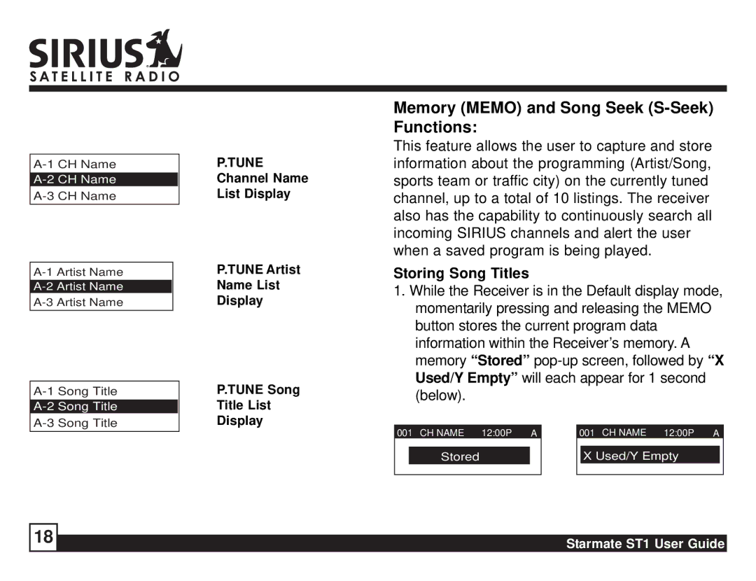 Sirius Satellite Radio ST1 manual Memory Memo and Song Seek S-Seek Functions, Storing Song Titles 