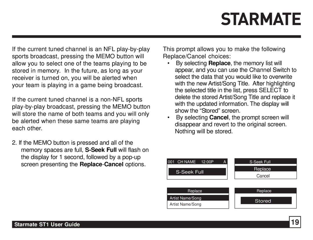 Sirius Satellite Radio ST1 manual Seek Full 