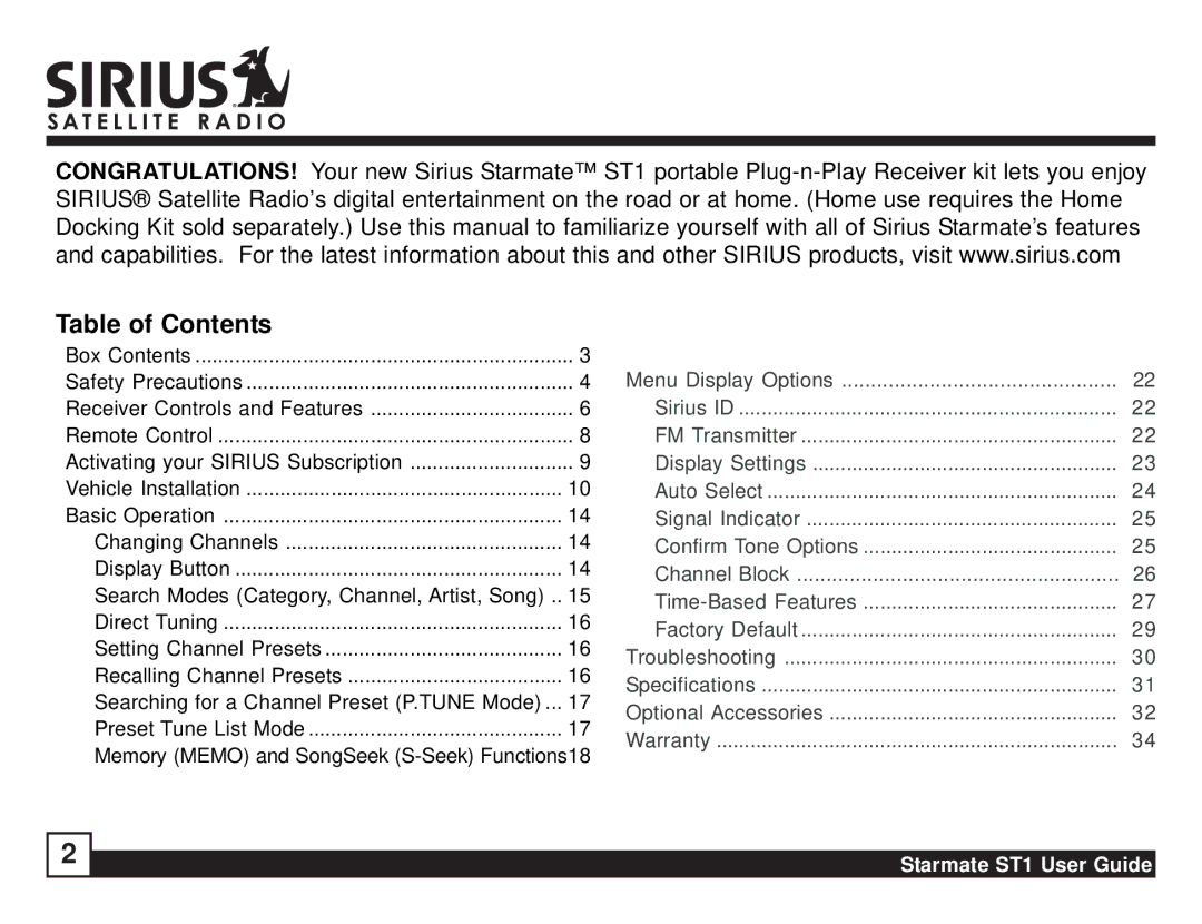 Sirius Satellite Radio ST1 manual Table of Contents 