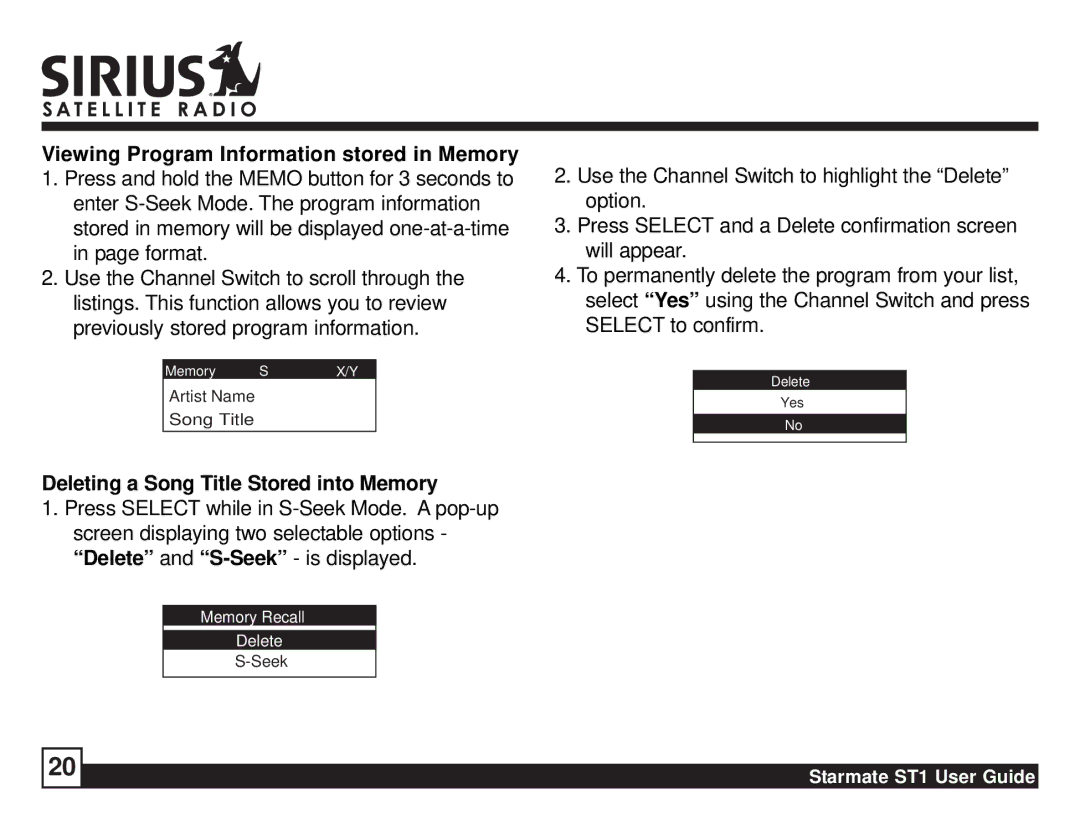 Sirius Satellite Radio ST1 manual Viewing Program Information stored in Memory 