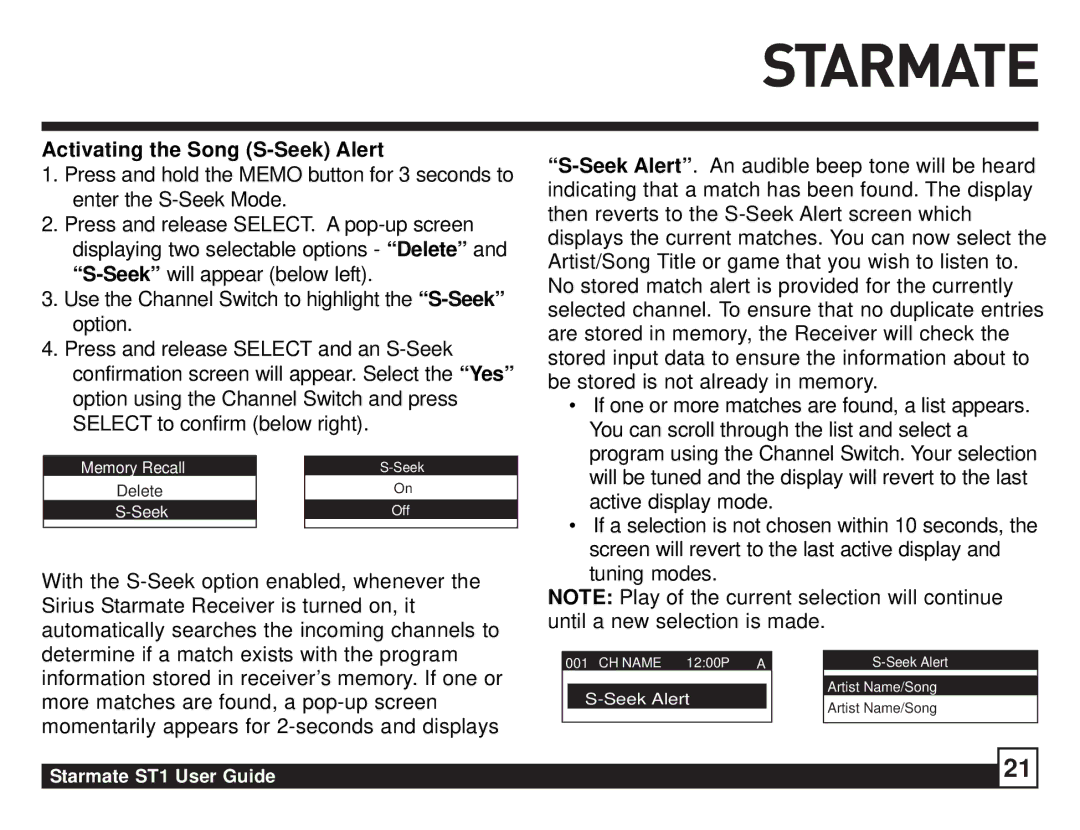 Sirius Satellite Radio ST1 manual Activating the Song S-Seek Alert 