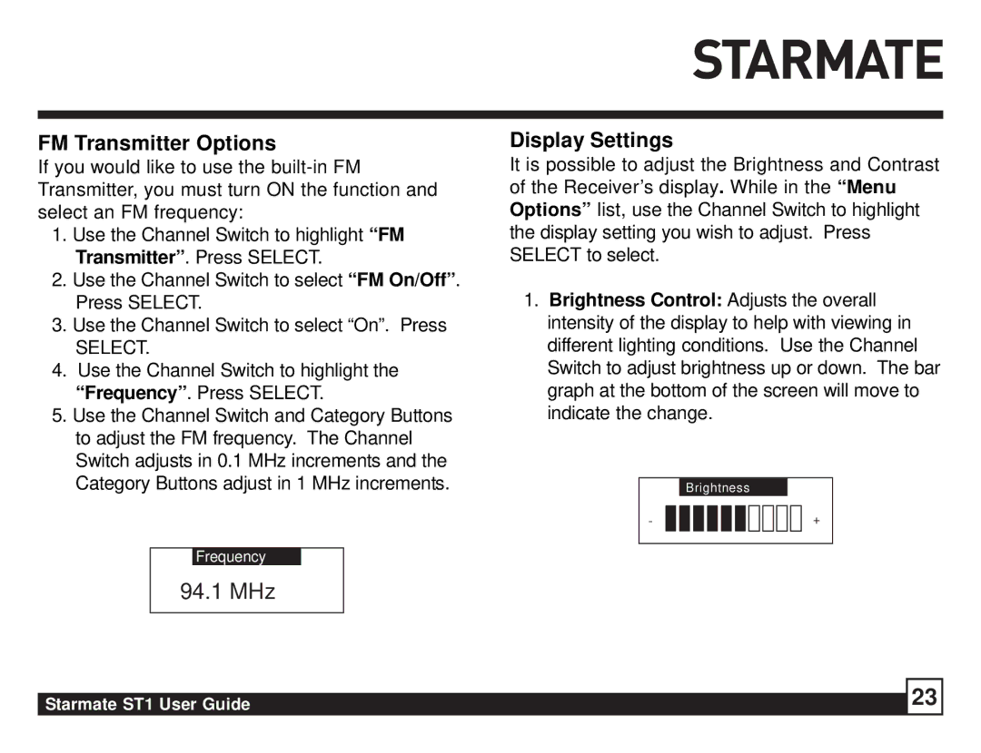 Sirius Satellite Radio ST1 manual FM Transmitter Options, Display Settings 